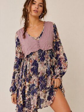 Free People Alice Floral Mini Dress Vested Long Sleeve Medium
